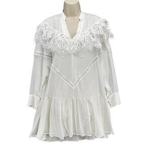IRO Paris Dovy Dress White Lace Yoke Long Sleeve Crinkled Gauze Ruffle US Size 0